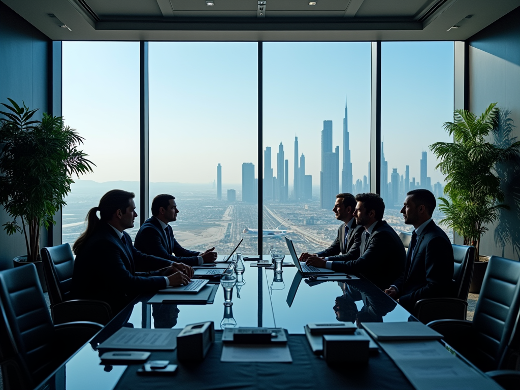 Businesspeople in a meeting with a city skyline view through large windows.