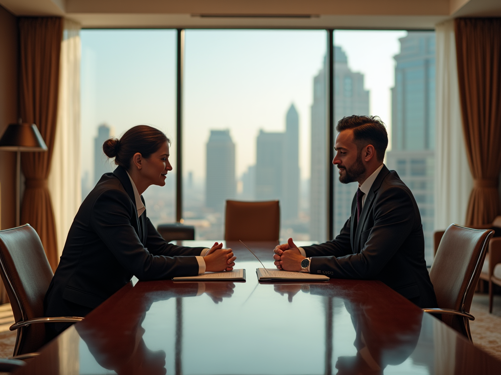 Two professionals in a formal meeting, seated at a table in a high-rise office overlooking a city skyline.