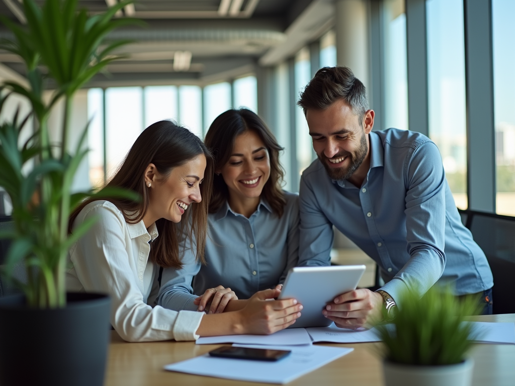 Three colleagues smiling and looking at a tablet in a bright office setting.