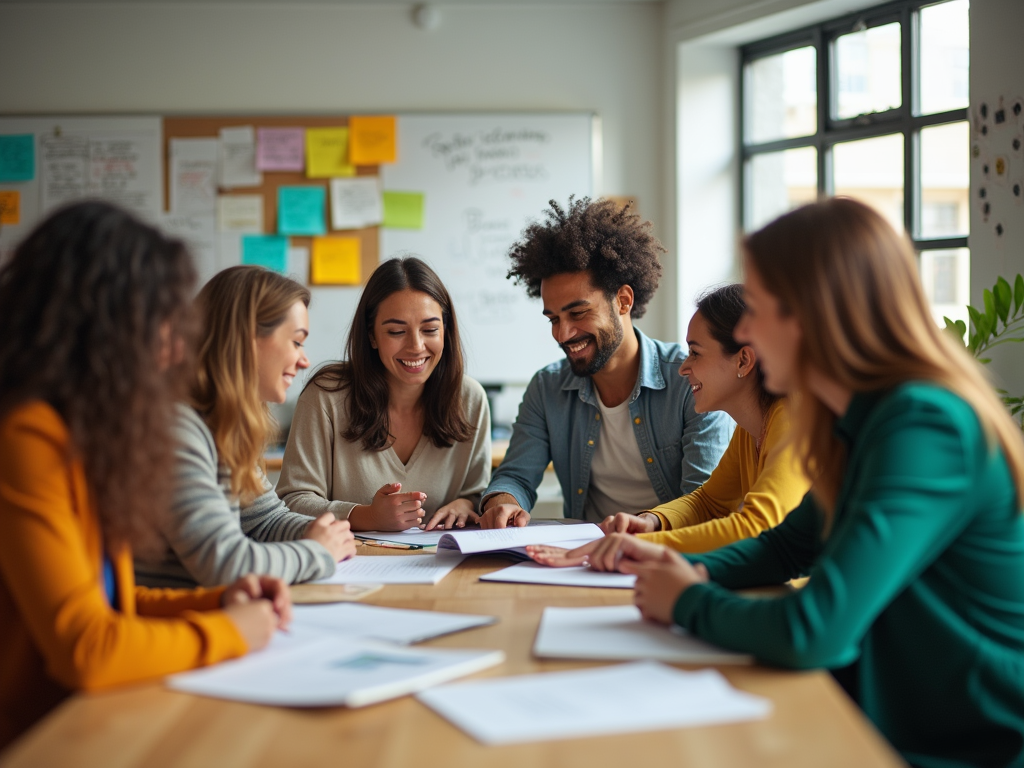 Group of six people collaborating around a table in a bright office, reviewing documents and smiling.