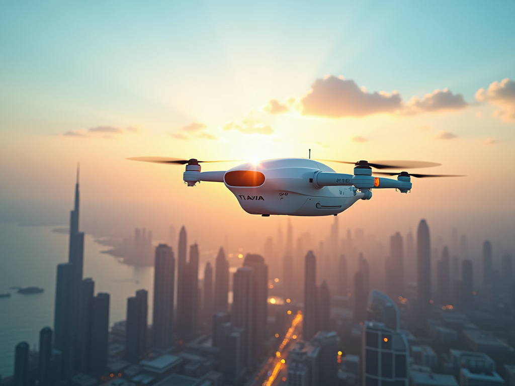 Drone flying over a city at sunrise, with skyscrapers in the background.