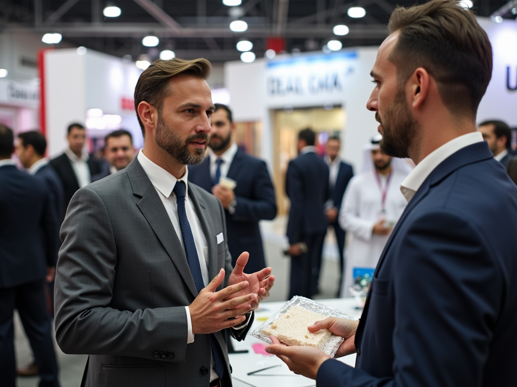 Two businessmen conversing at a busy conference, one holding an electronic component.