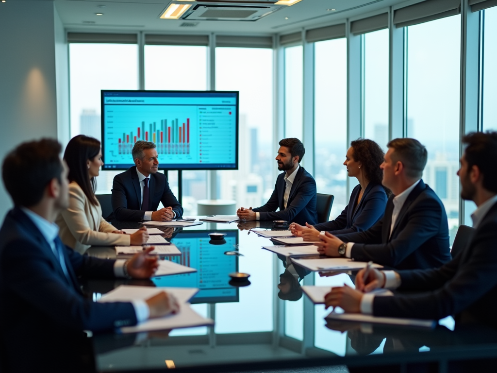 Business professionals hold a meeting in a conference room with a cityscape view and a data presentation.