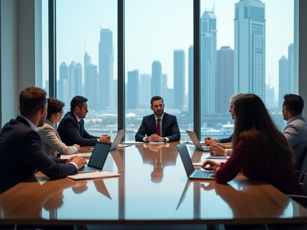 Business meeting in progress with seven professionals around a table, overlooking a city skyline through large windows.