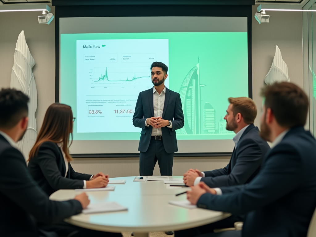 Businessman presenting data on a screen to colleagues in a modern office setting.