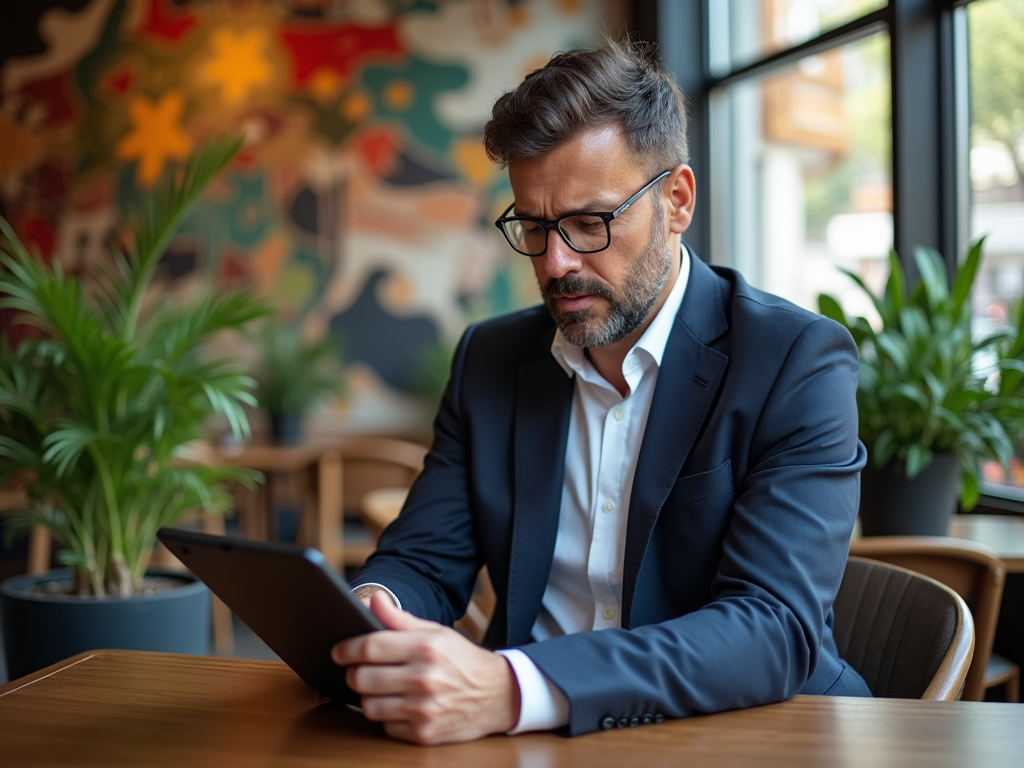 Businessman in suit using tablet at a café with colorful mural in background.