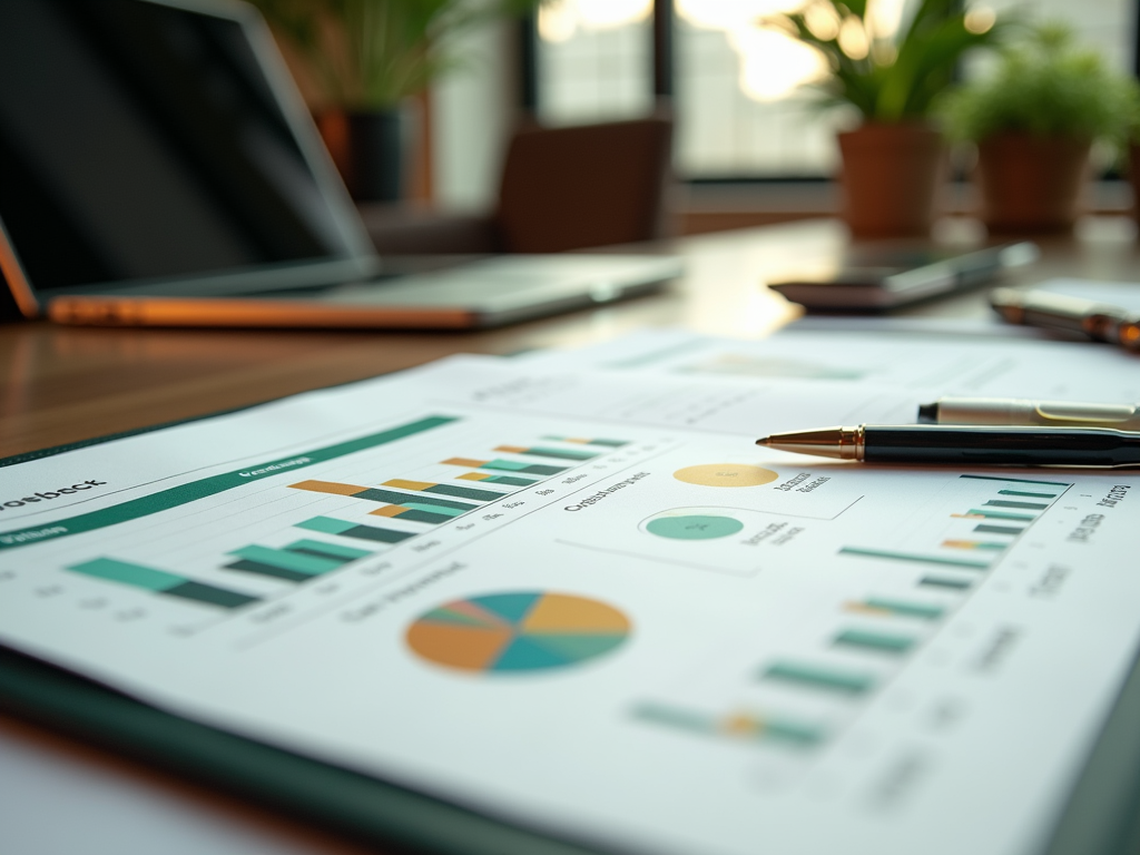 Business graphs on a table with a pen and tablet in a modern office setting.