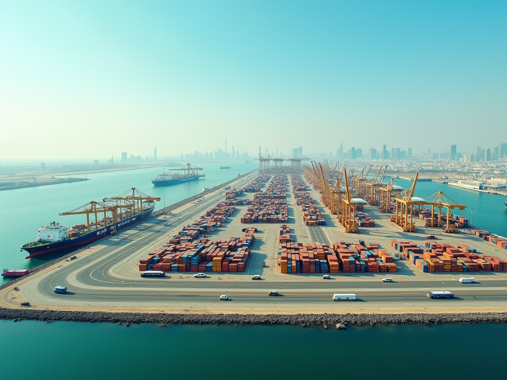 Aerial view of a busy port with stacked containers, ships, and cranes, city skyline in the background.