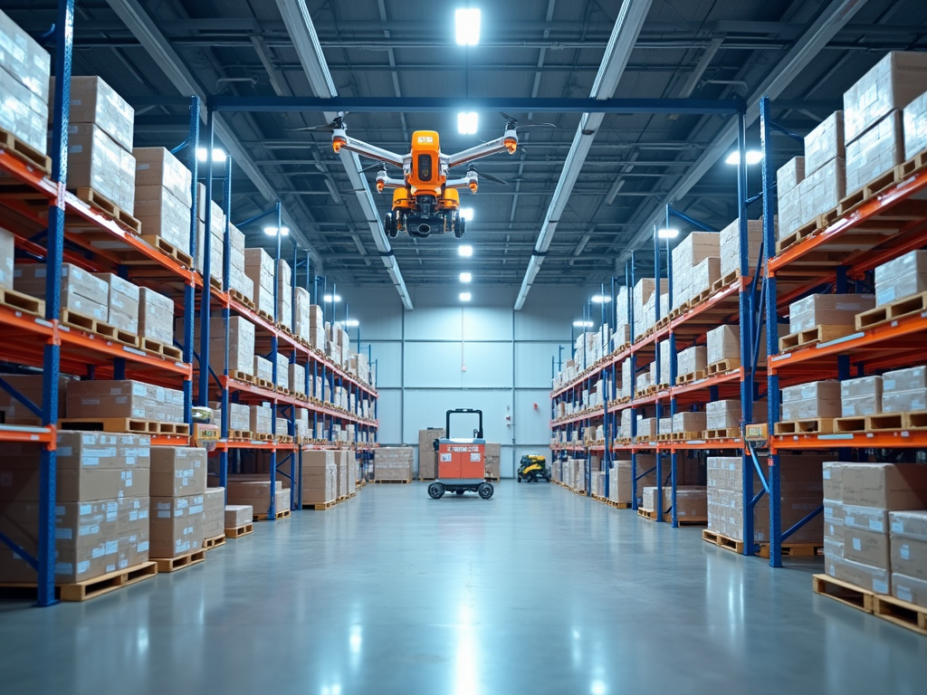 Orange drone flying inside a large warehouse with shelves stocked with boxes.