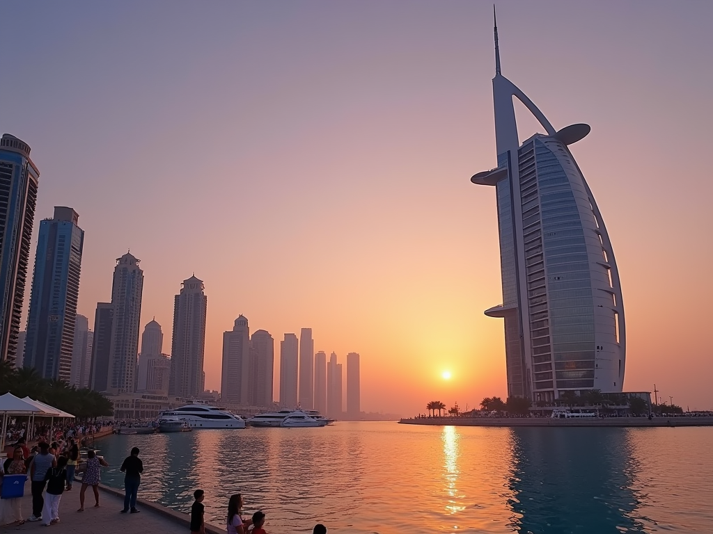 Sunset behind the Burj Al Arab with Dubai skyline and waterfront promenade.