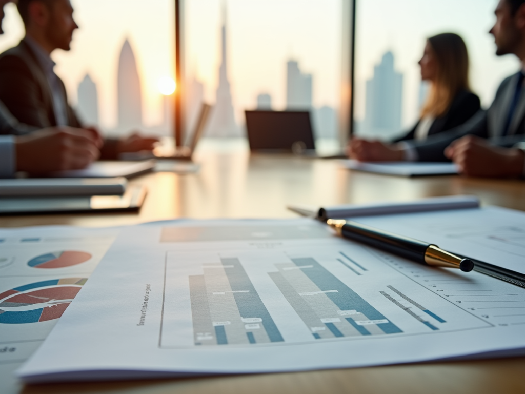 Blurry business meeting backdrop with charts on a table in focus, illustrating business analytics.