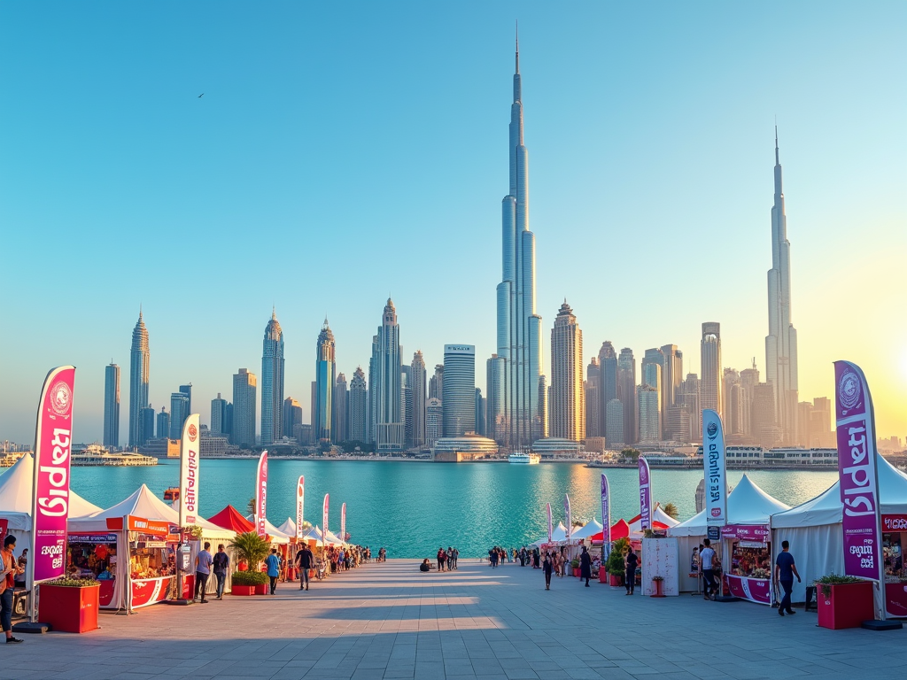 Outdoor event with tents along a waterfront promenade, with a skyline featuring the Burj Khalifa in the background.