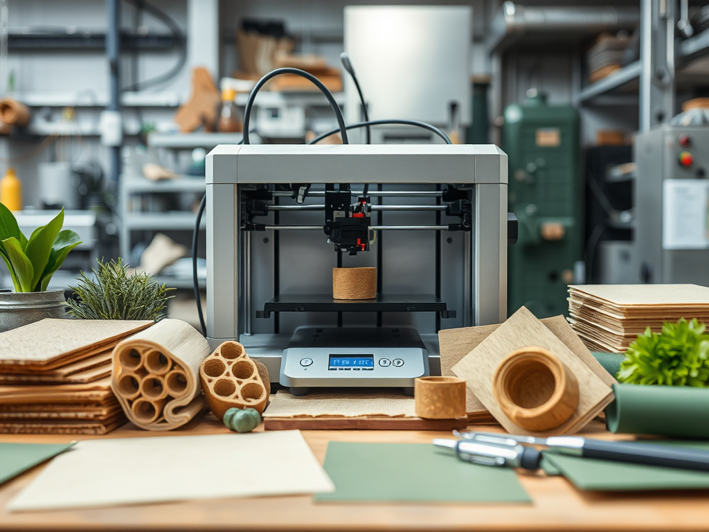 A 3D printer in a workshop, surrounded by paper materials, plants, and crafting tools on a wooden table.