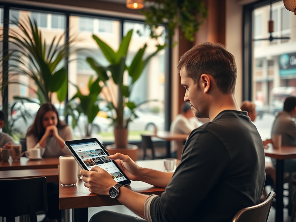 A man sits at a cafe, focused on a tablet, while others enjoy their drinks and conversations in the background.