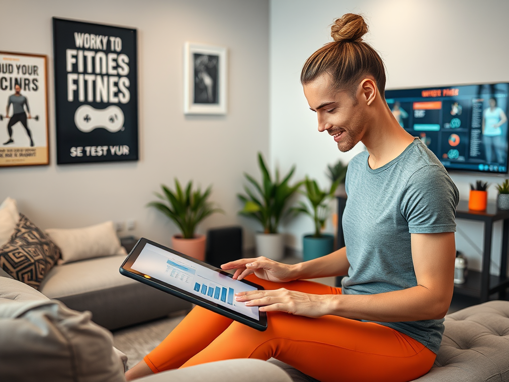 A person in athletic wear sits on a couch, using a tablet to analyze fitness data in a modern, stylish setting.