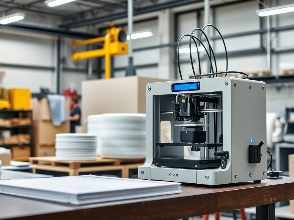 A 3D printer on a table in a workshop, with stacks of plates and a person working in the background.