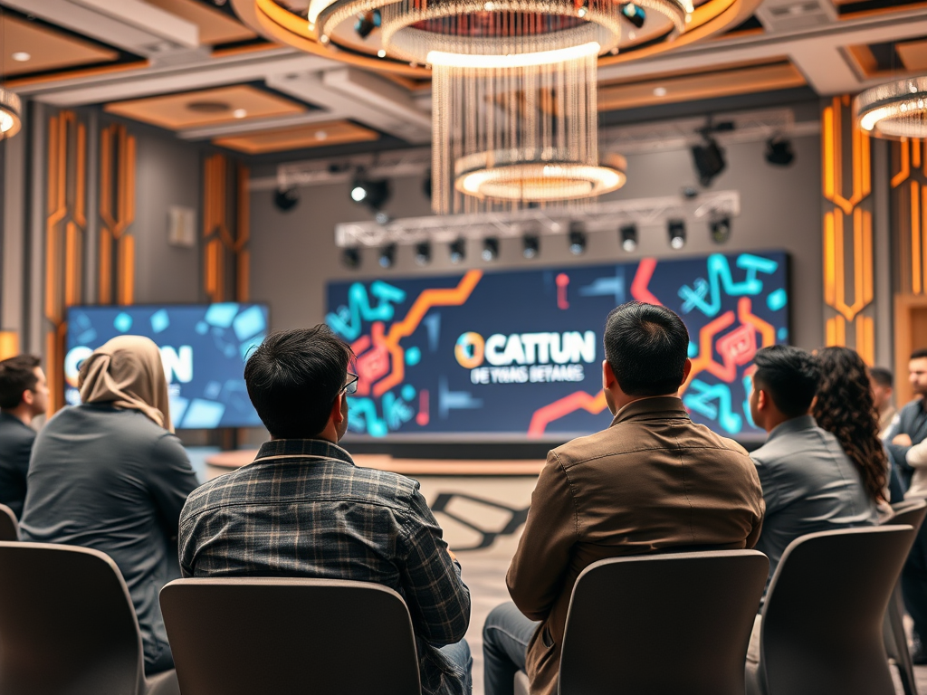 A group of people seated in front of a large screen displaying the logo "CATTUN" at an event or conference.