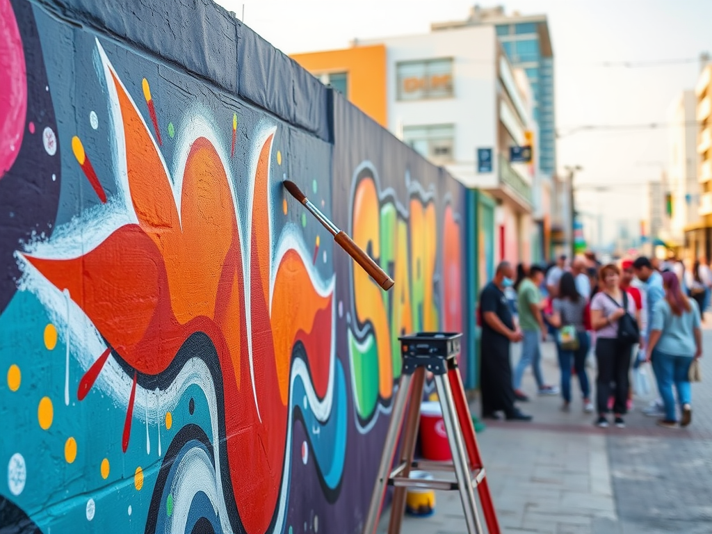 A colorful graffiti mural is being painted on a wall, with a crowd of people in the background.