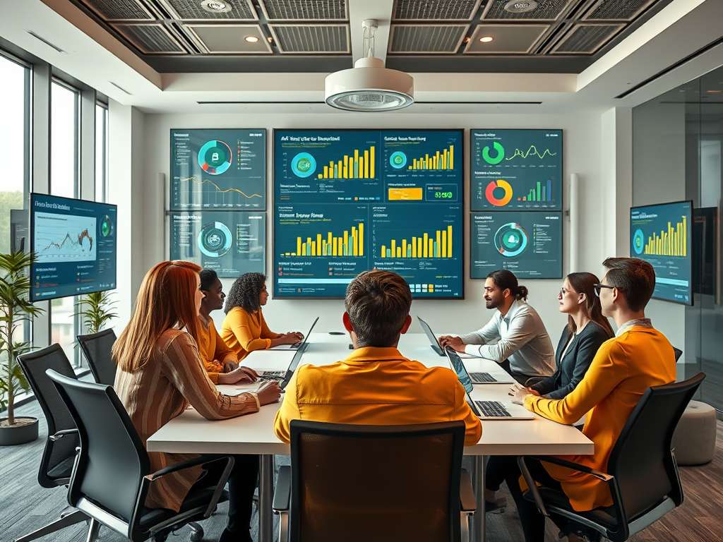 A diverse group of professionals in yellow attire discuss data insights in a modern conference room with large screens.