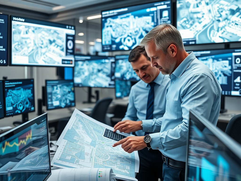 Two professionals examine a map in a high-tech office filled with multiple digital screens displaying data and graphics.