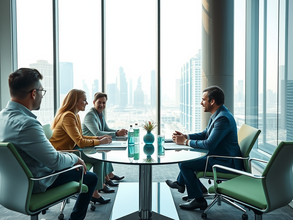 A business meeting in a modern office with a view of the city skyline, featuring four professionals discussing ideas.