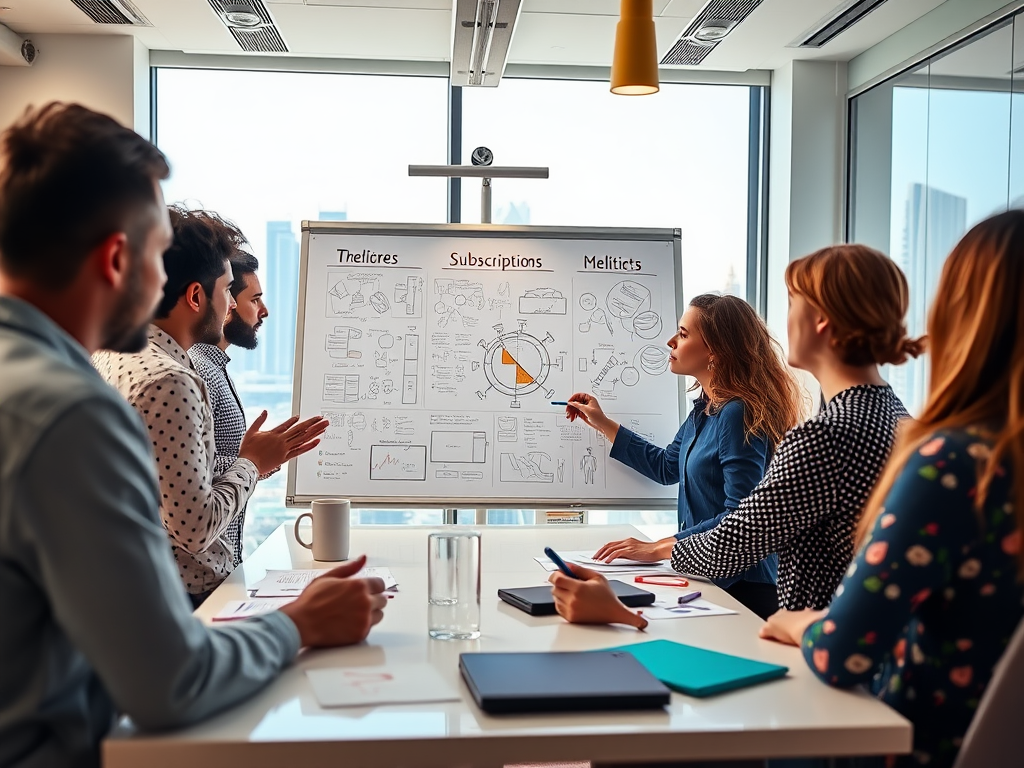 A group of professionals discusses a presentation, analyzing charts and ideas on a whiteboard in a modern office.