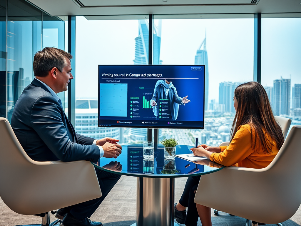 A businessman discusses data insights with a woman in an office. A screen displays graphs and charts.