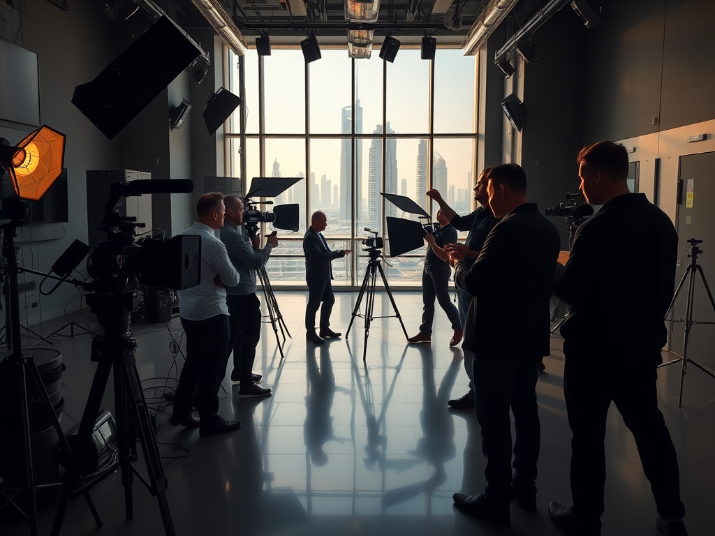 A group of professionals is setting up cameras and lighting in a studio with a city skyline view through large windows.