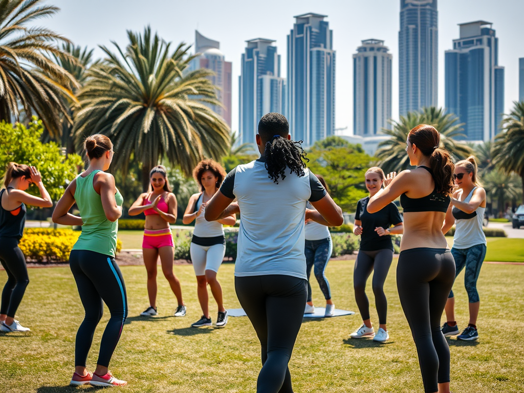 A group of women participate in an outdoor fitness class with skyscrapers and palm trees in the background.