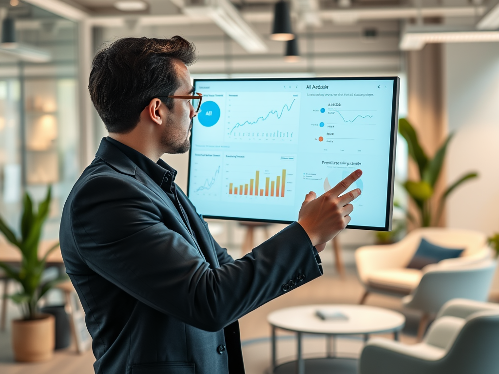 A man in a suit points at a screen displaying various data charts and insights in a modern office setting.